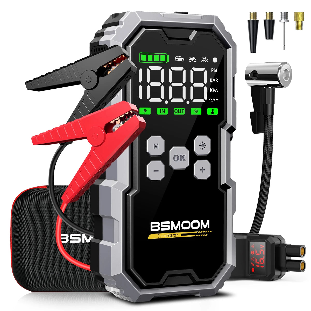 Emergency 4 in 1 Car Jump Starter, Air Tyre Compressor, Torch and Powerbank Device Charger LCD Screen 21800mAh Portable Charger 6000A