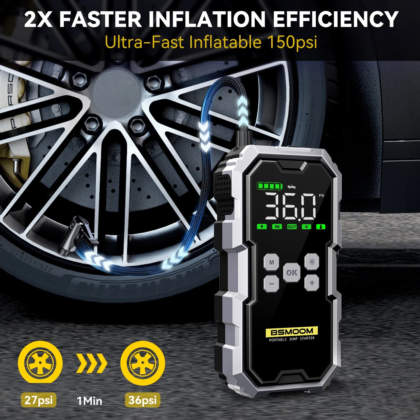 Emergency 4 in 1 Car Jump Starter, Air Tyre Compressor, Torch and Powerbank Device Charger LCD Screen 21800mAh Portable Charger 6000A