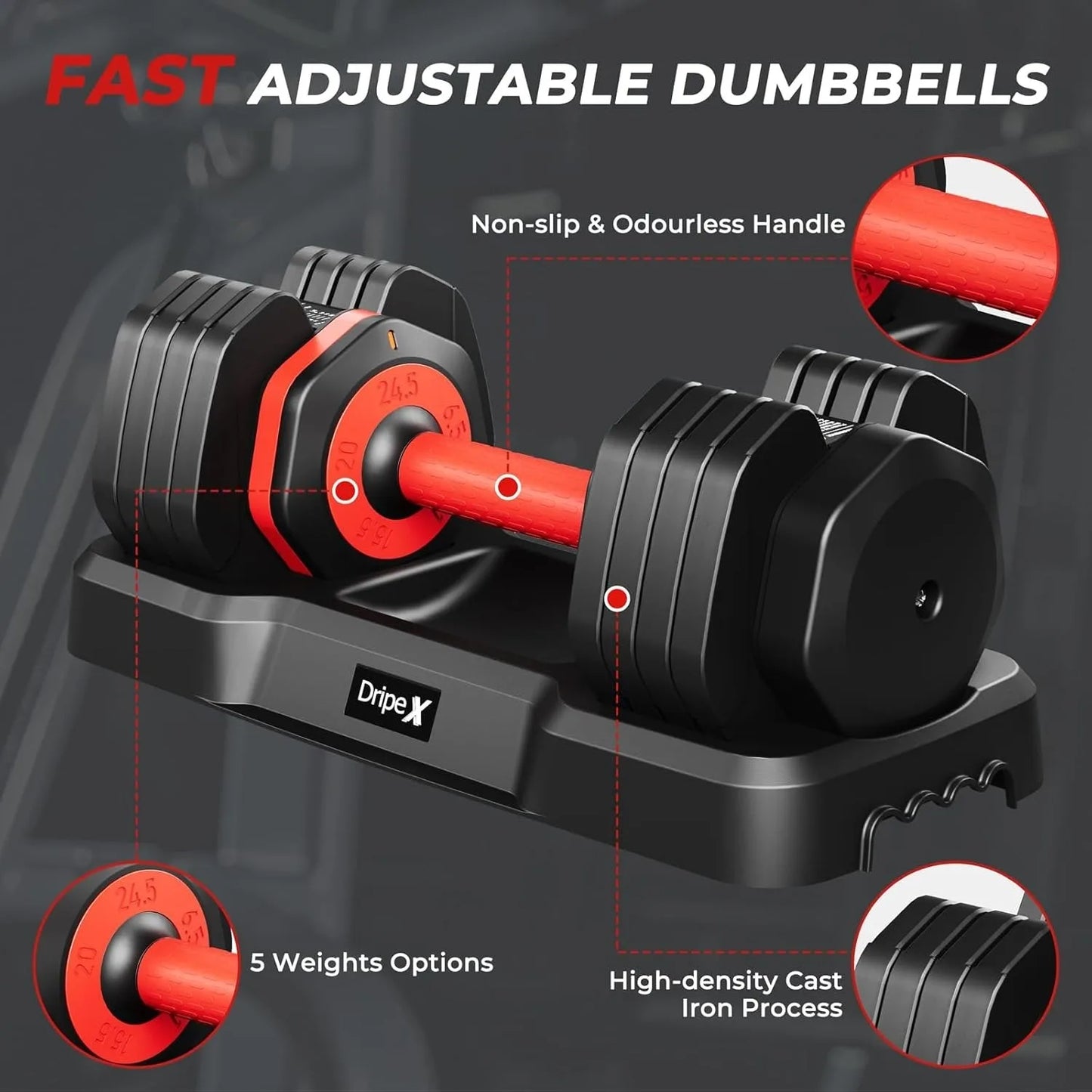 Adjustable Dumbbells Set, 24.5kg Dumbbell Weights Pair for Men and Women, Anti-Slip Handle with Safety Locking Mechanism