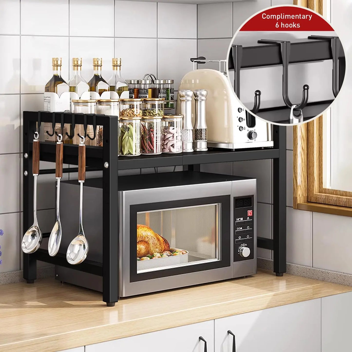 Expandable 42-64cm Microwave Shelf Organizer, Moisture And Rust Proof Microwave Countertop Organizer,Tableware Storage