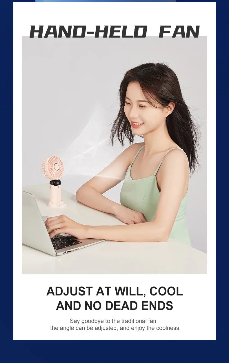 Handheld Mini Fan 3000mAh Foldable Portable Desk Outdoor Neck Hanging 5 Speed USB Rechargeable Fan Phone Stand Display Screen