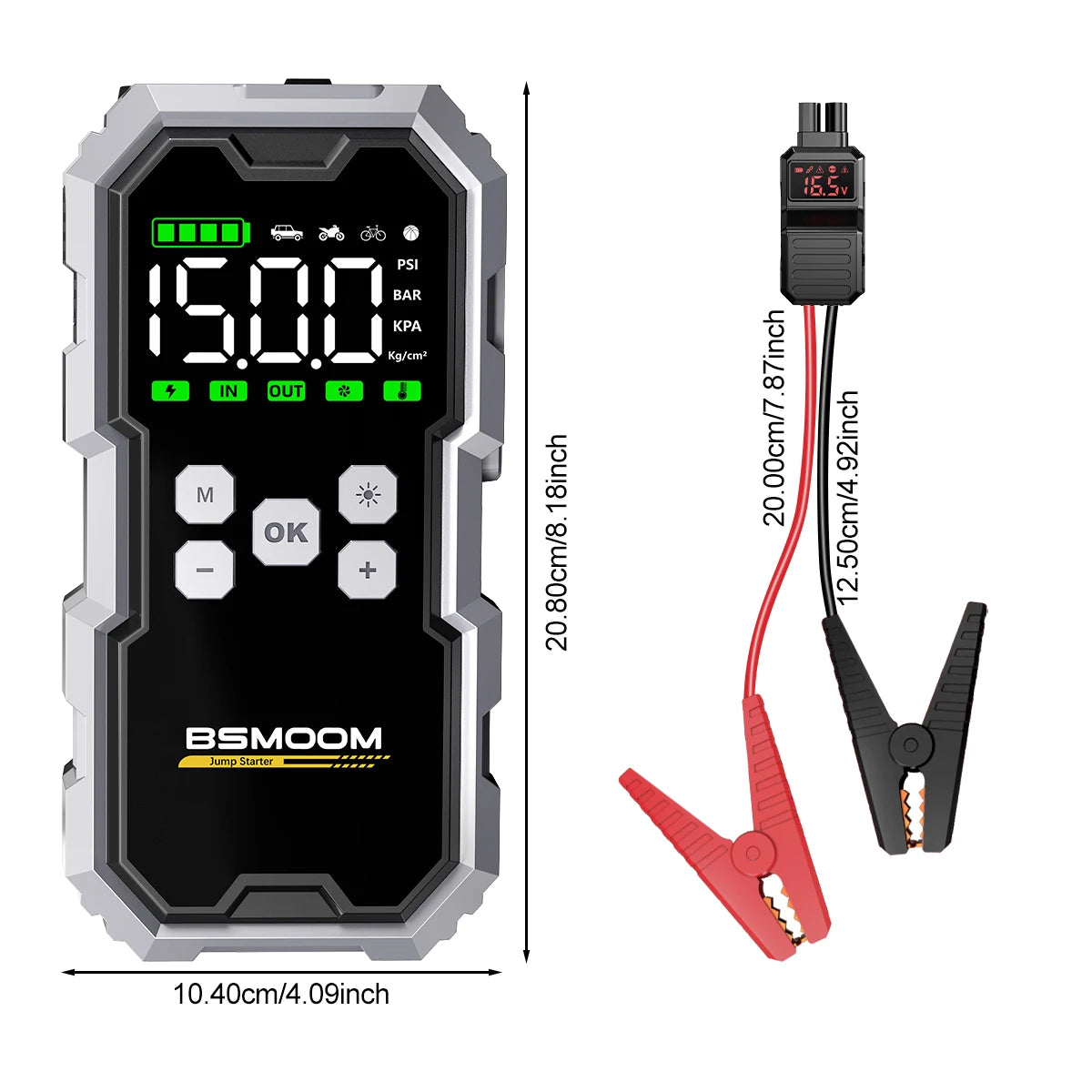 Emergency 4 in 1 Car Jump Starter, Air Tyre Compressor, Torch and Powerbank Device Charger LCD Screen 21800mAh Portable Charger 6000A