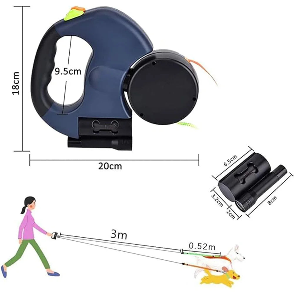 Pet Leash 3m LED Spotlight Dual Head Reflective with Automatic Extension and One Click Locking for Cat and Dog Leash