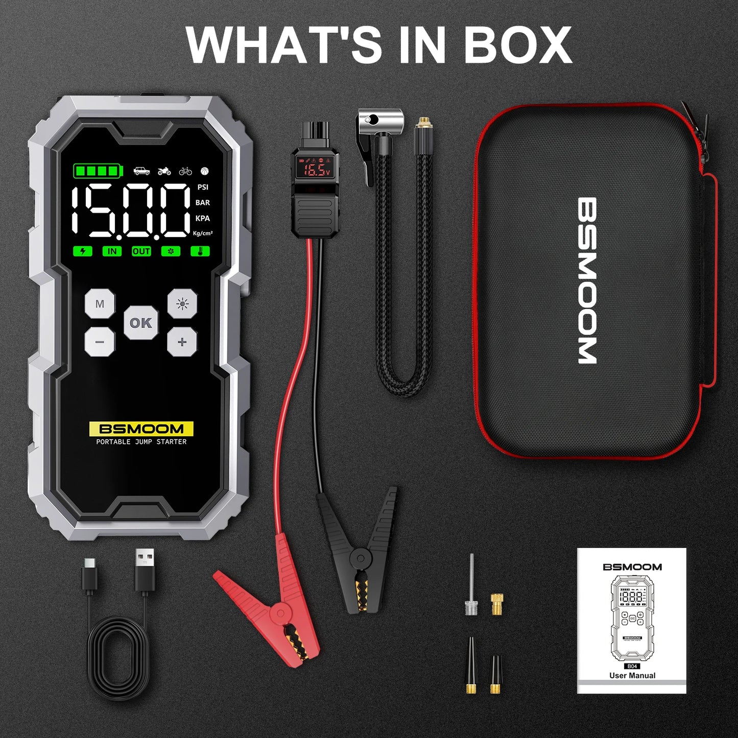 Emergency 4 in 1 Car Jump Starter, Air Tyre Compressor, Torch and Powerbank Device Charger LCD Screen 21800mAh Portable Charger 6000A