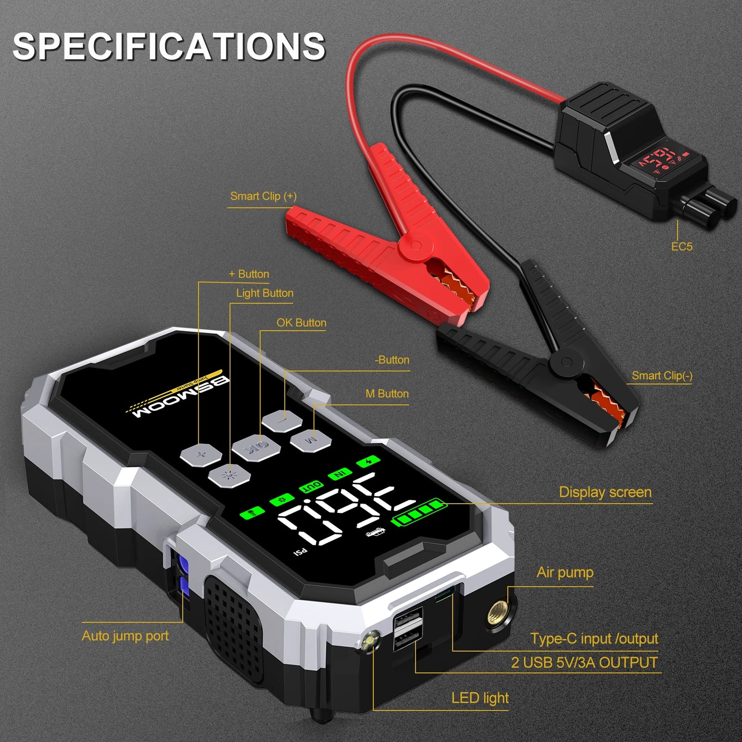 Emergency 4 in 1 Car Jump Starter, Air Tyre Compressor, Torch and Powerbank Device Charger LCD Screen 21800mAh Portable Charger 6000A