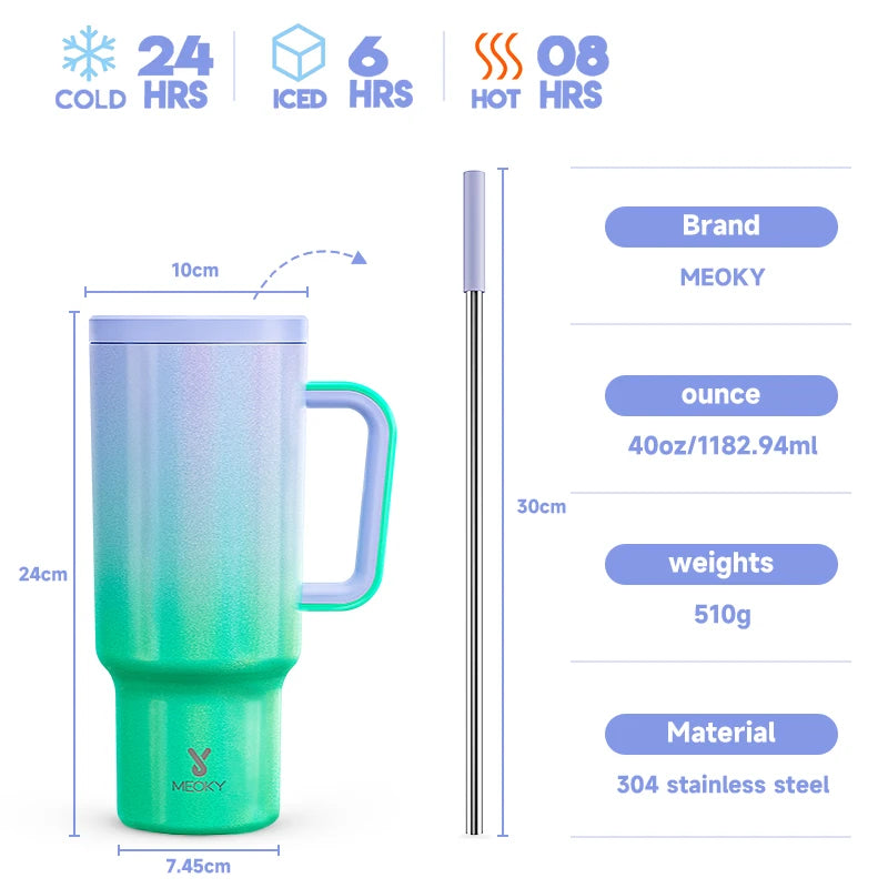 Thermal Bottle Cold/Hot Meoky 40oz Tumbler Handle Straw Multiple Prints Stainless Steel Bottle Thermos Coffee Cup Portable Vacuum Insulated Car Mug