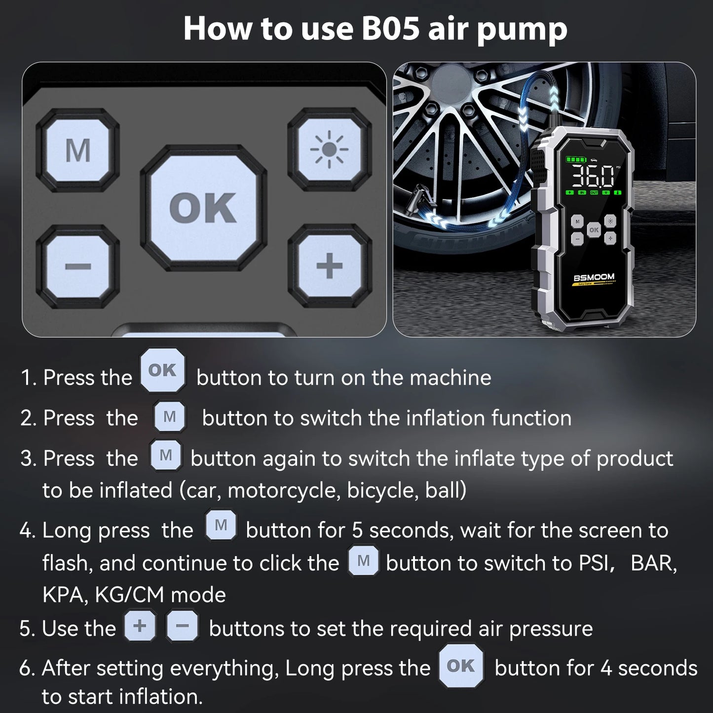 Emergency 4 in 1 Car Jump Starter, Air Tyre Compressor, Torch and Powerbank Device Charger LCD Screen 21800mAh Portable Charger 6000A