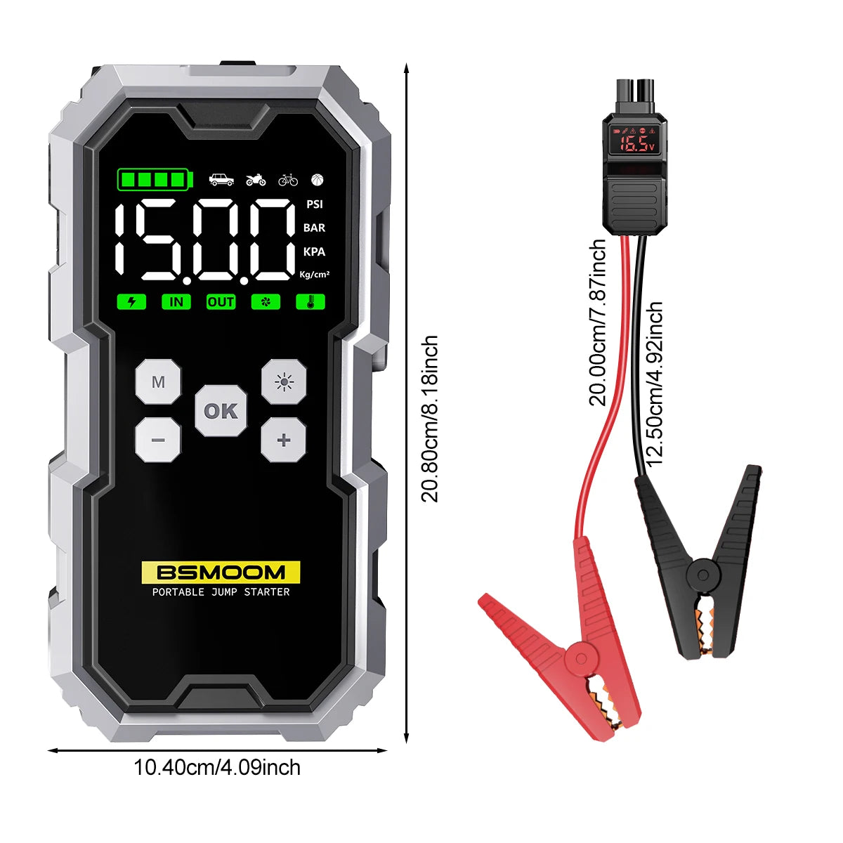 Emergency 4 in 1 Car Jump Starter, Air Tyre Compressor, Torch and Powerbank Device Charger LCD Screen 21800mAh Portable Charger 6000A