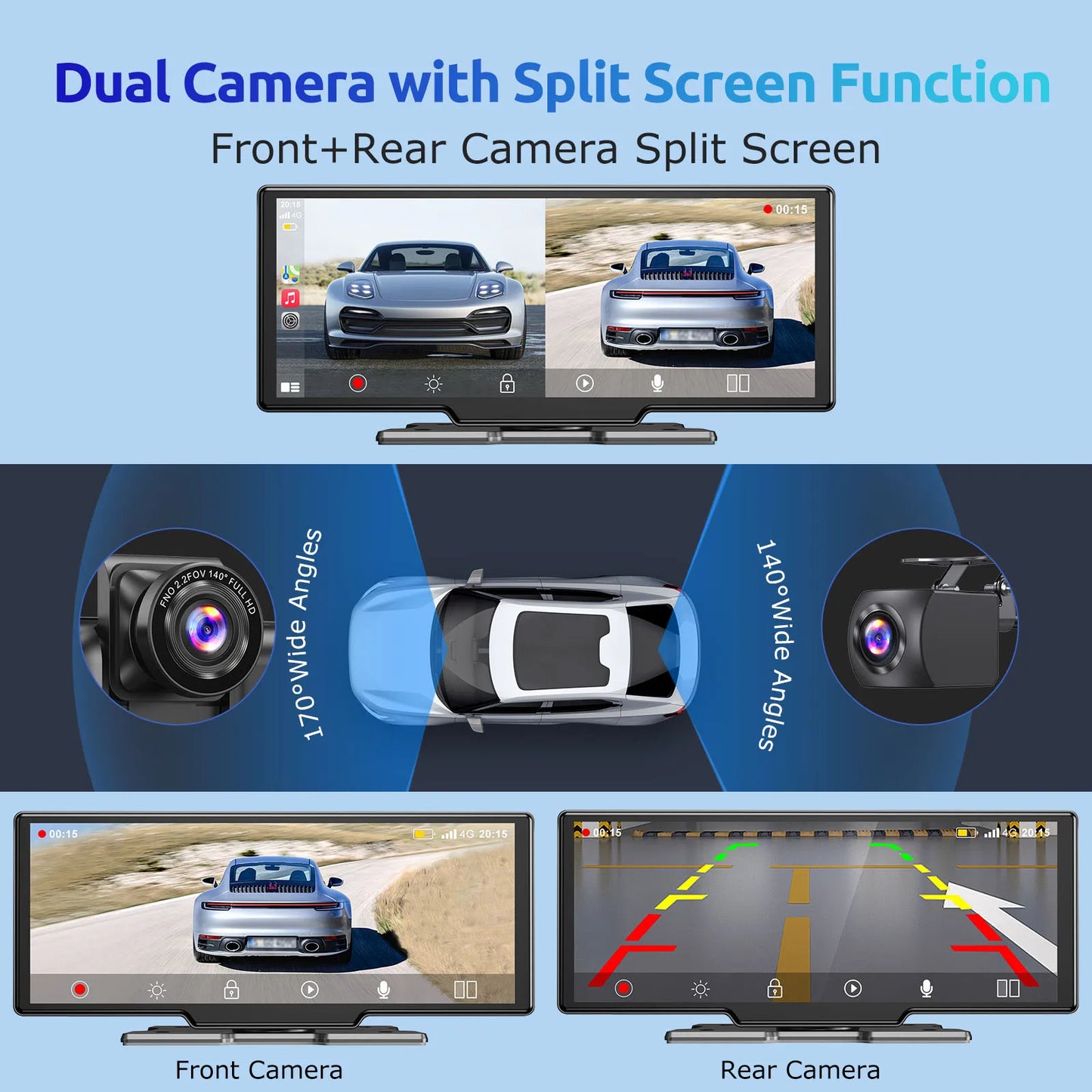 Modern Car Upgrade Dash Cam Touch Screen Car Stereo Rearview ESSGOO 10.26" 4K Wireless Apple Carplay Android Auto Dual Len Recorder Dashboard
