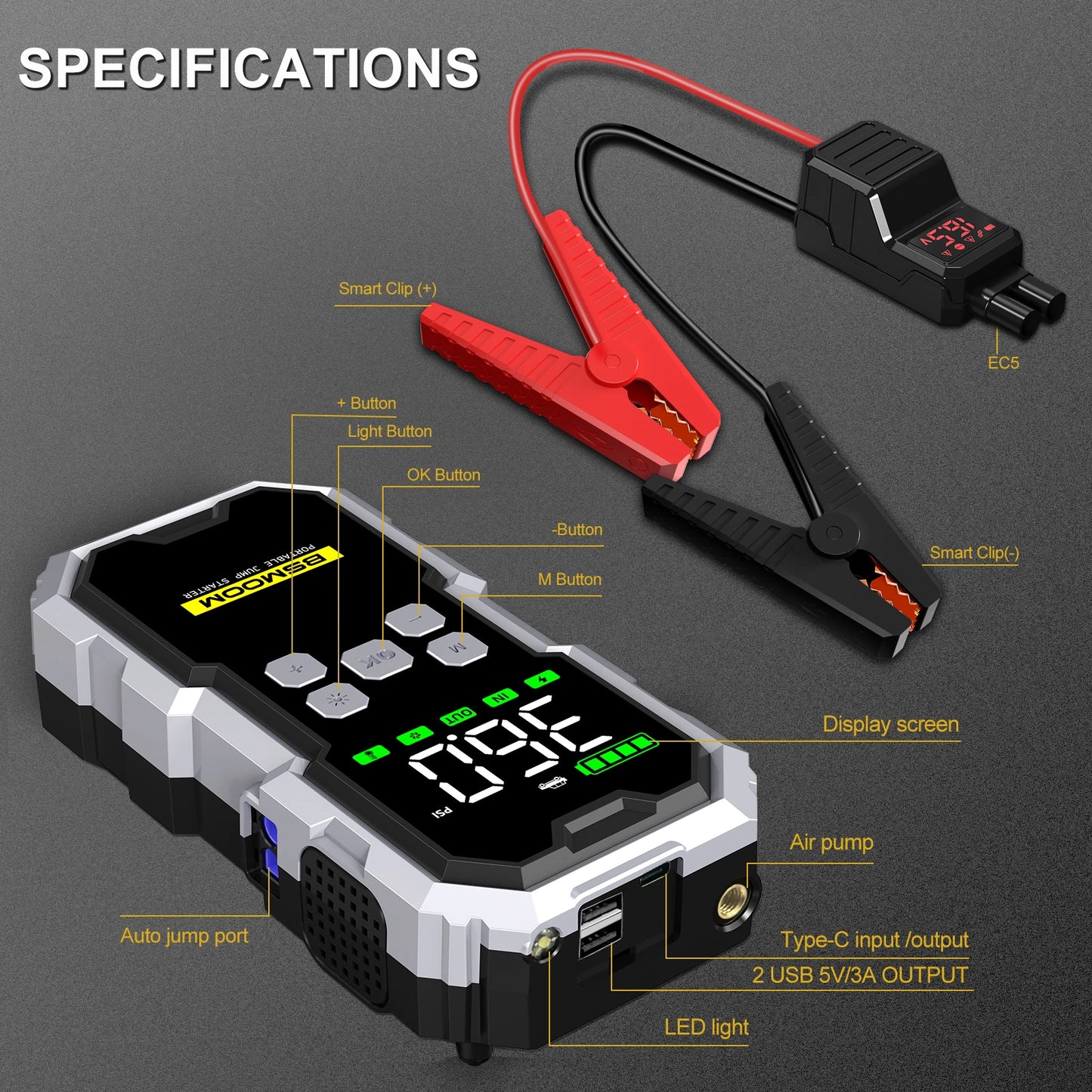 Emergency 4 in 1 Car Jump Starter, Air Tyre Compressor, Torch and Powerbank Device Charger LCD Screen 21800mAh Portable Charger 6000A