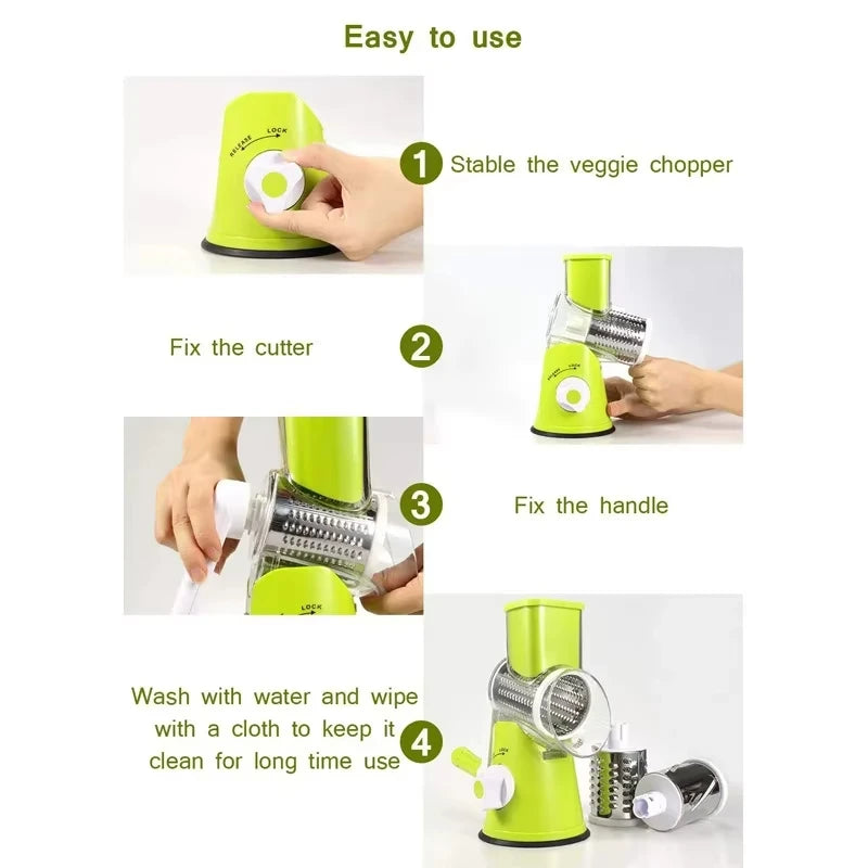 Kitchen Stainless Steel Manual Rotating Quick Vegetable/Cheese Slicer with 3 Sharp Stainless Steel Buckets Vegetable Cheese Chopper
